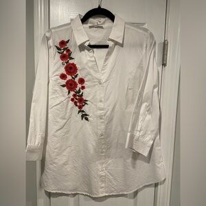 NWT Serengeti Size L Pink Floral Embroidered White Button Down 3/4 Sleeve Shirt